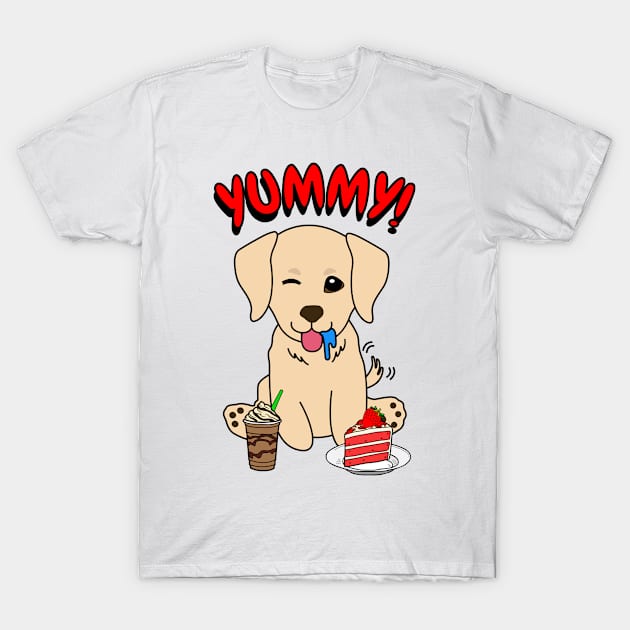 Cute retriever dog is having coffee and cake T-Shirt by Pet Station